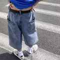 Blue men's thin denim pirate shorts with a high waist and cropped straight-leg fit.