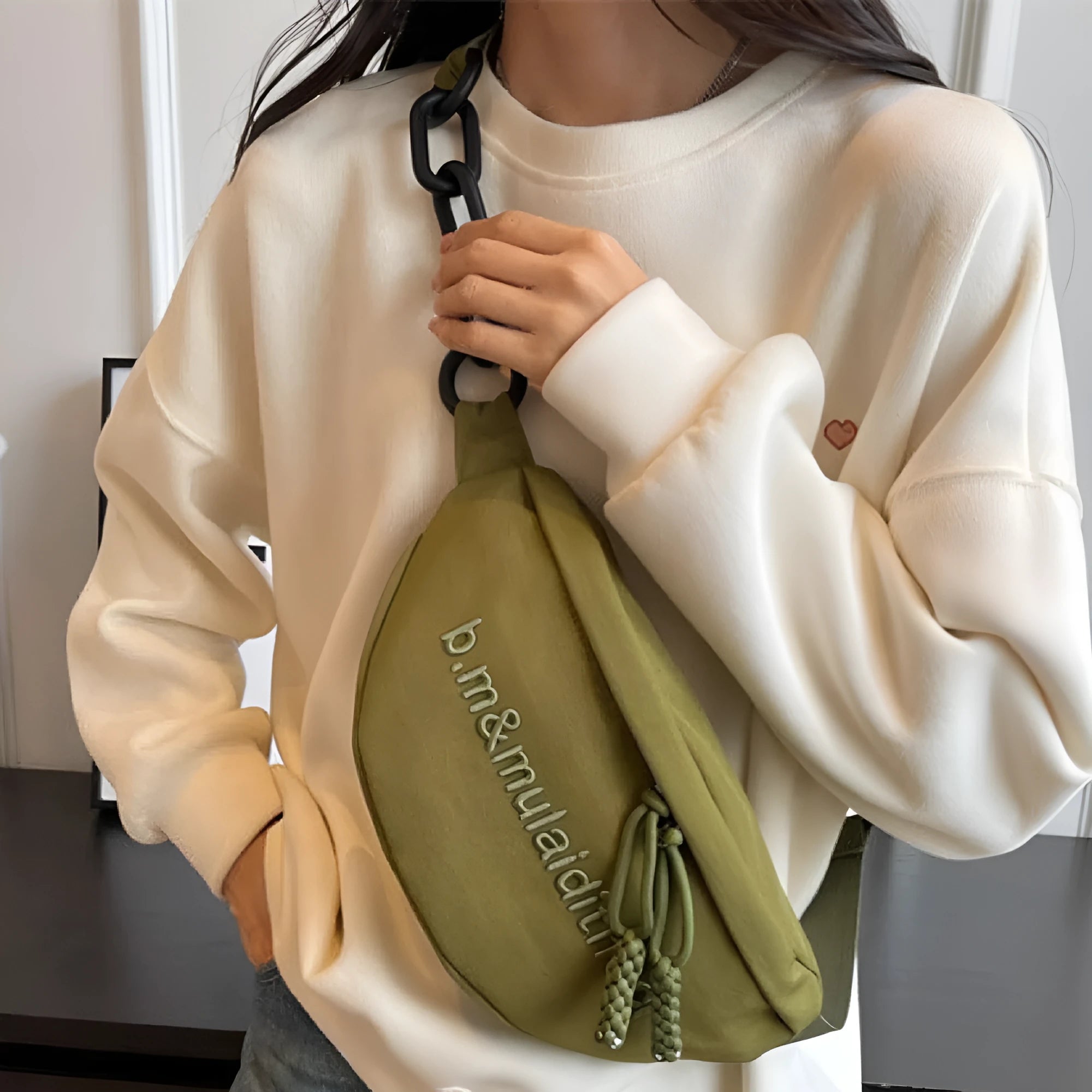 Women's soft nylon shoulder bag with embroidery letter and chain detail, Urban Simplicity style, available in multiple colours