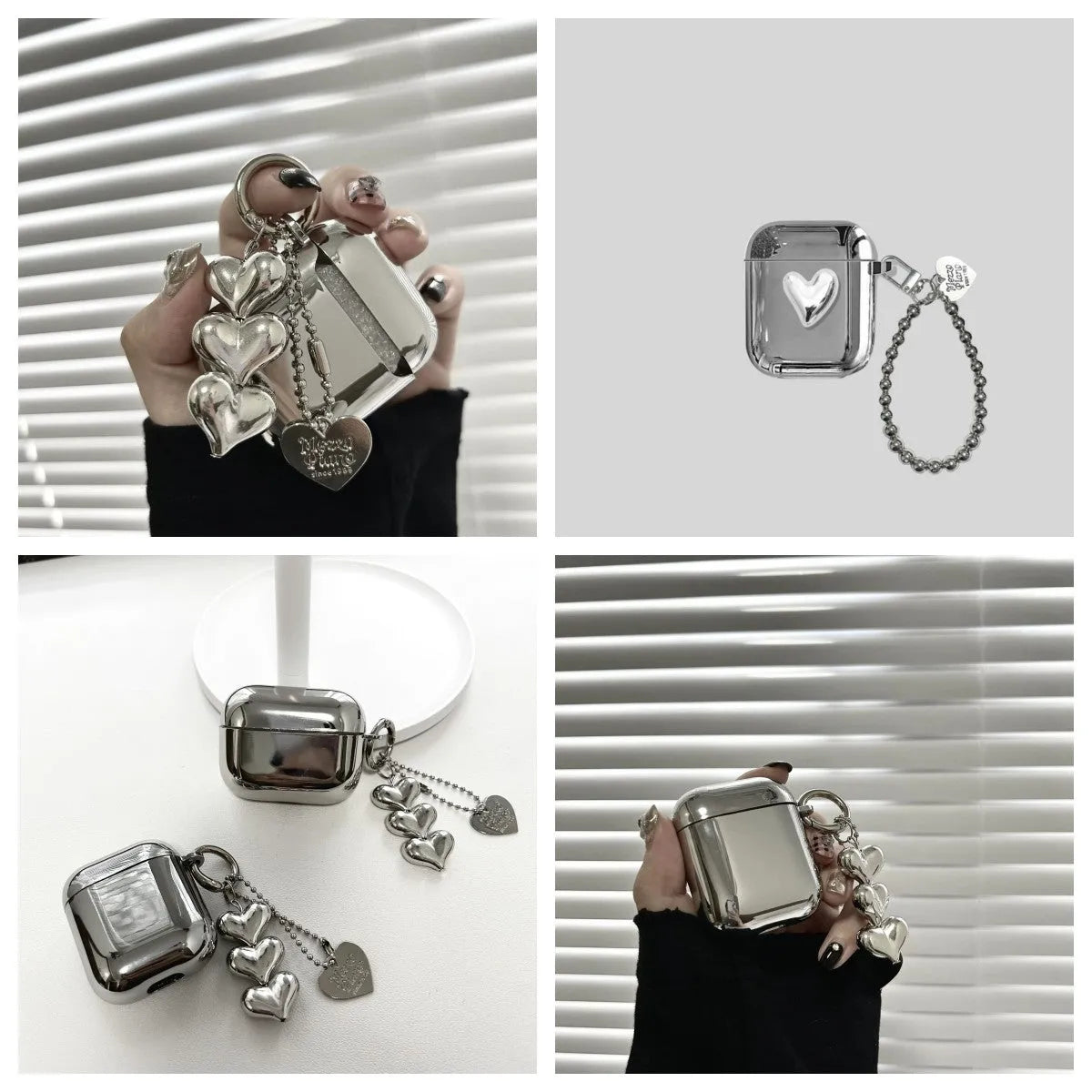 Electroplated solid colour TPU headphone case with heart pendant charms and chain for Apple earbuds.