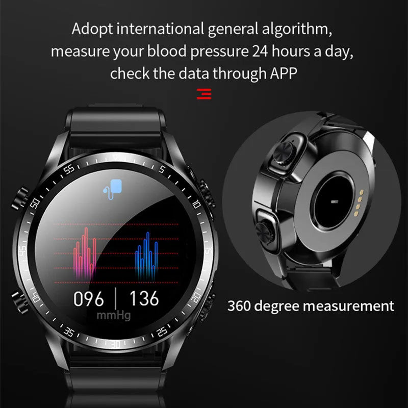 Black multifunctional smart bracelet watch with round plain dial and stainless steel case on light background