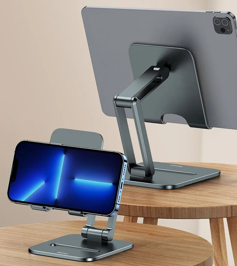 Deep space grey aluminium folding stand for a tablet and a mobile phone.