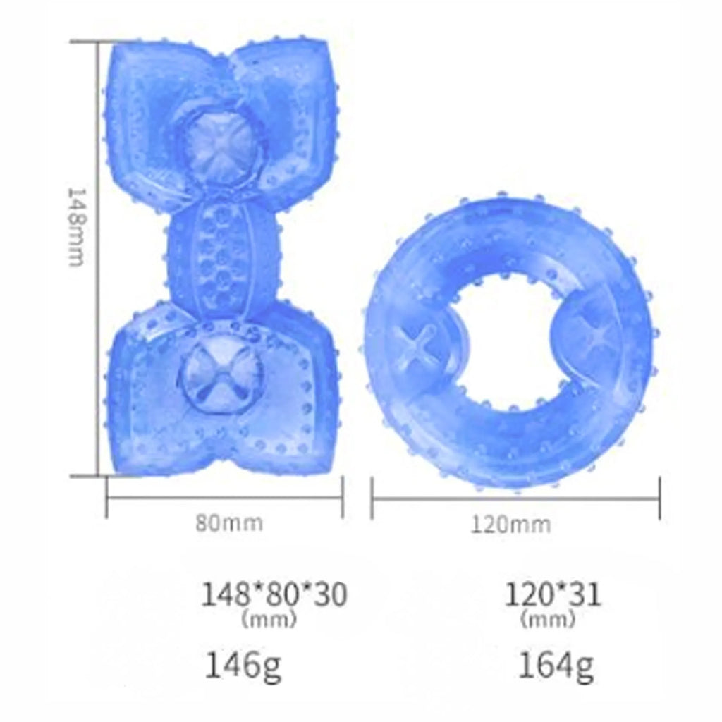 Freezable blue dog chew toy with textured surface and a cavity for treats.