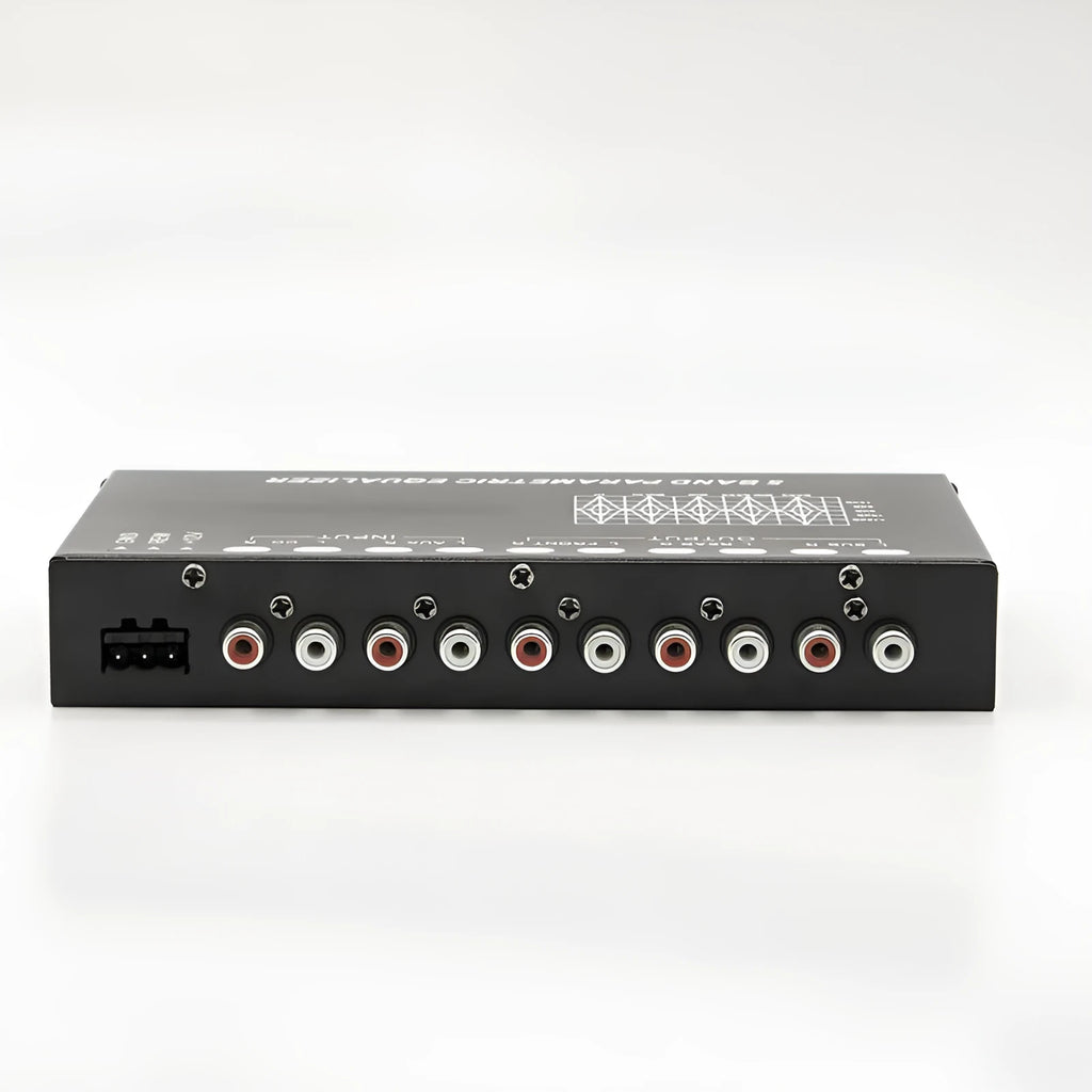 Car audio EQ equaliser unit with front panel controls for frequency and subwoofer volume adjustment