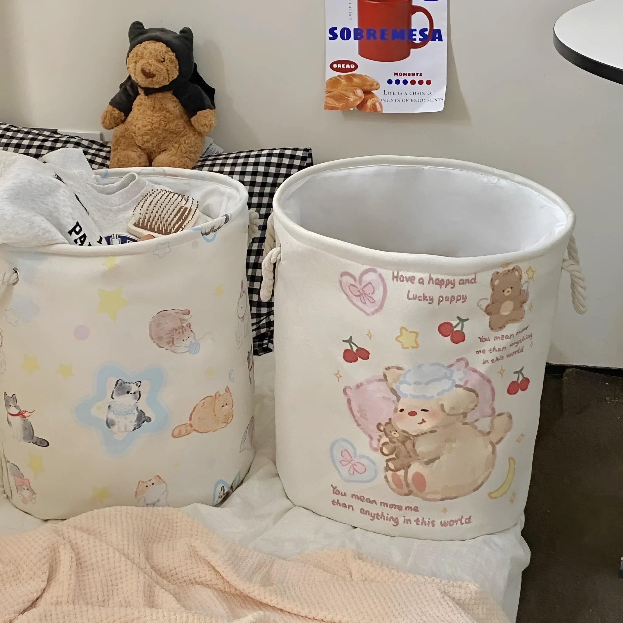 Foldable cotton laundry basket in modern simple style for bedroom and bathroom storage.