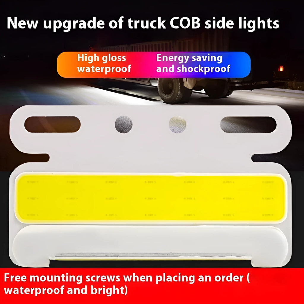 Waterproof aluminium alloy LED side light for trucks, showing bright COB illumination in blue, mounted near a vehicle tyre.