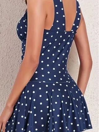 Blue polka dot print women's skirt bikini swimsuit with plus size fit