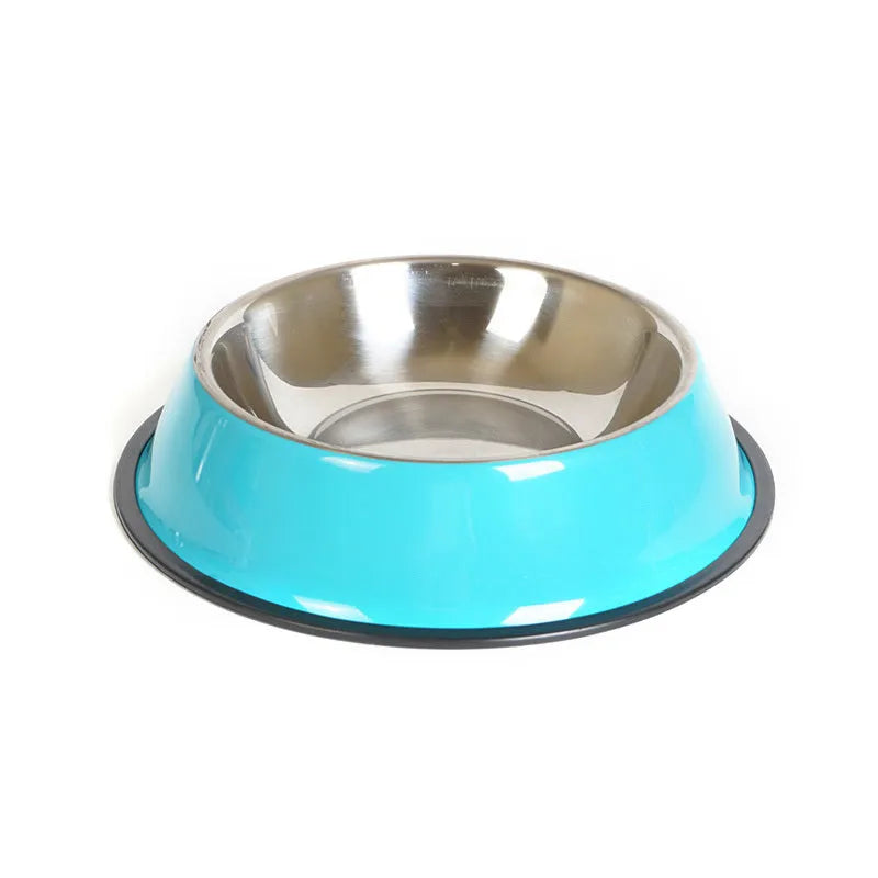 Stainless steel pet bowl inside colourful melamine pot with non-slip rubber base