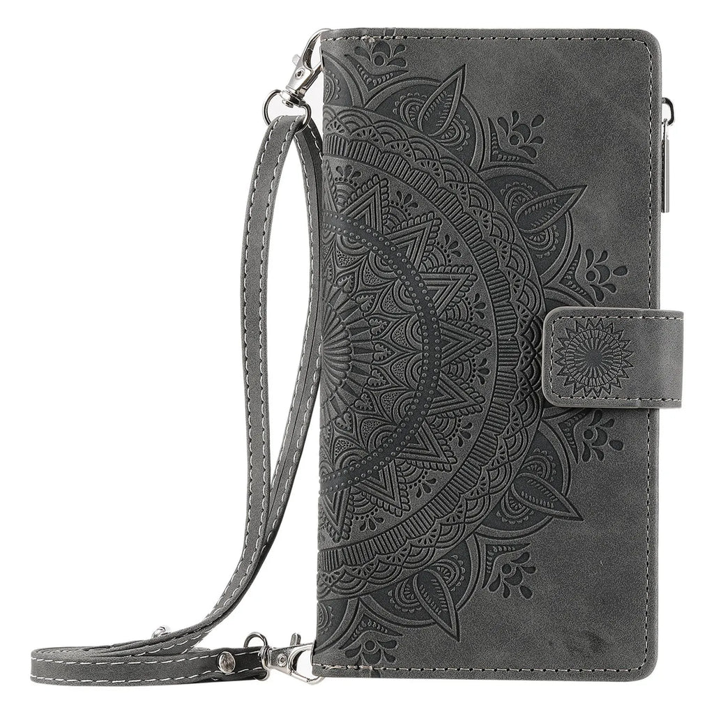 Multi-card embossed totem leather PU zipper phone case for iPhone with card holder in black