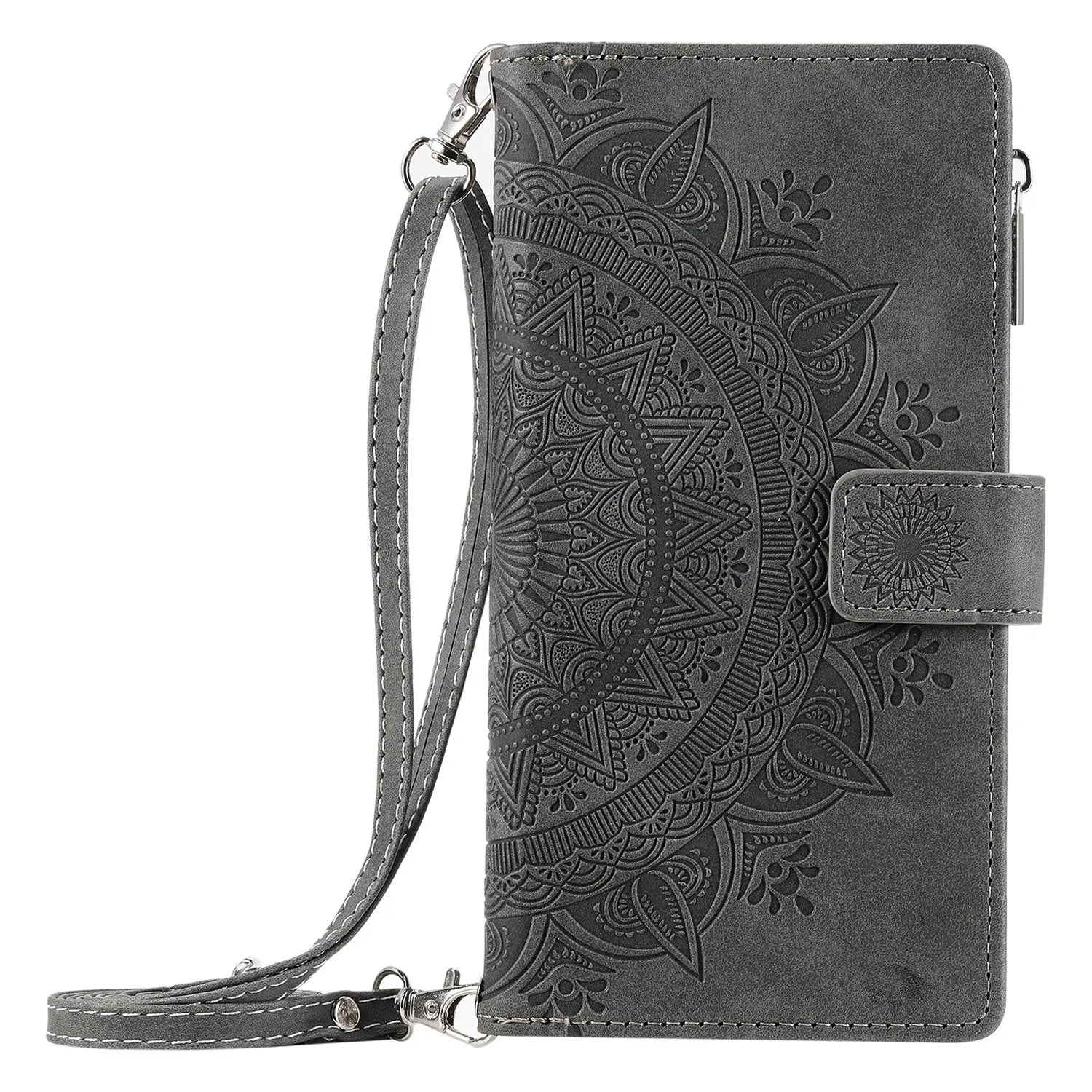Multi-card embossed totem leather PU zipper phone case for iPhone with card holder in black