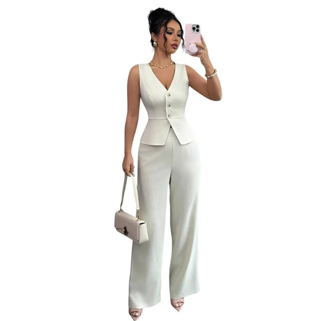 Solid colour sleeveless vest and high-waist trousers two-piece set in polyester fabric