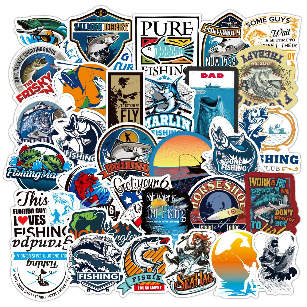 50 fishing angling adhesive stickers, 5-8cm, in WZ0335 and wz01039 colours for car windows and tackle boxes
