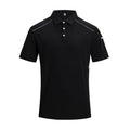 Men's silver grey quick-dry short sleeve work shirt with pencil case sleeves on a hanger.