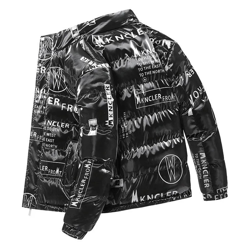Men's printed winter coat in black with slit pockets