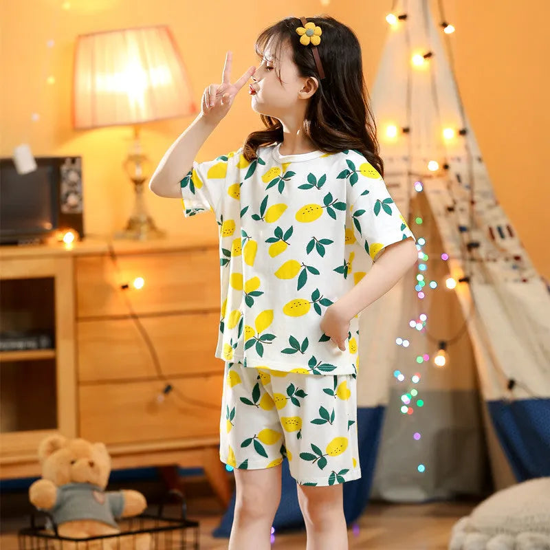 Cotton children's summer short-sleeved homewear set with cartoon strawberry pattern for kids