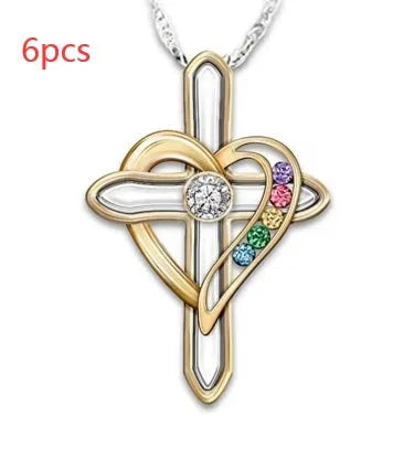 Alloy men's clavicle chain with heart-shaped imitation gemstone pendant in Cross Love colour, adjustable 51-80cm