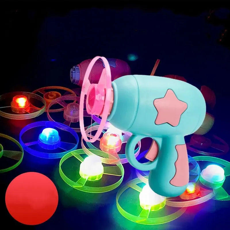 LED light dragonfly flying disc launcher toy set with blue launcher and colourful discs