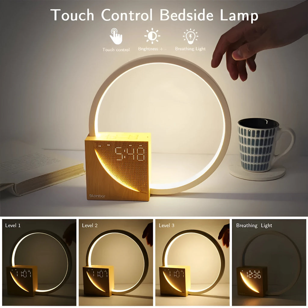 Wooden touch control bedside lamp with alarm clock display and natural sound options