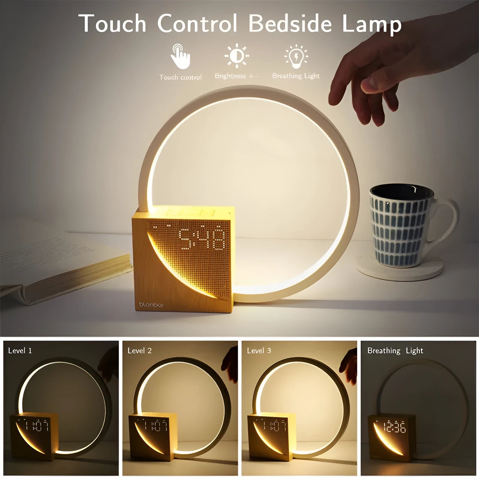 Wooden touch control bedside lamp with alarm clock display and natural sound options