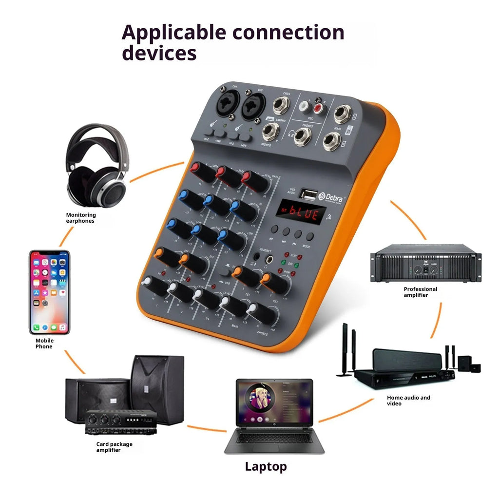 Compact plastic audio mixer with reverb and USB interface, D4M standard, 26 x 22.5 x 8 cm, picture colour