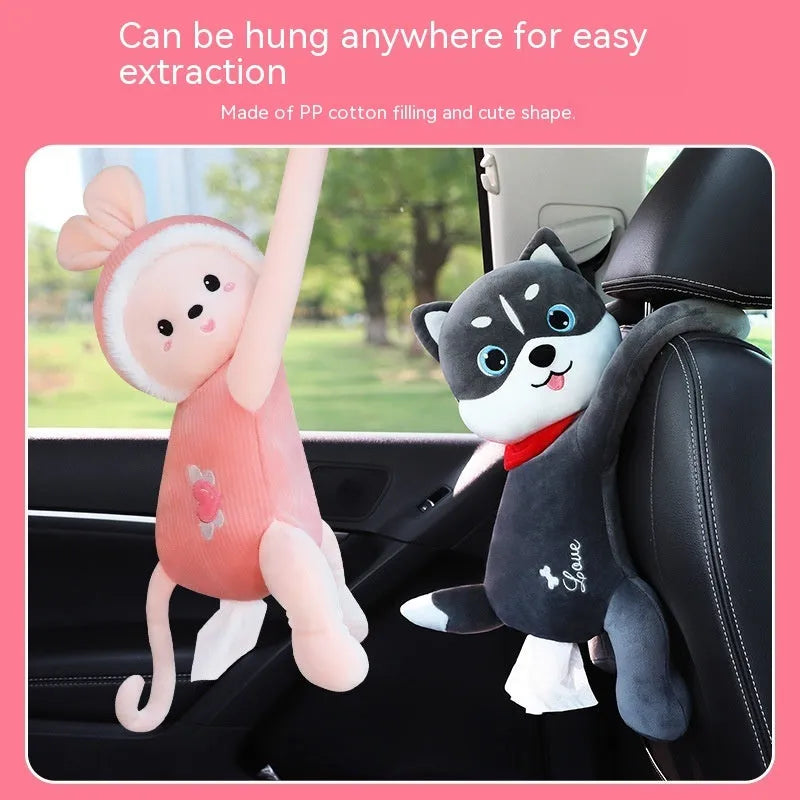 Soft plush car headrest tissue box holder in a cute animal character style.