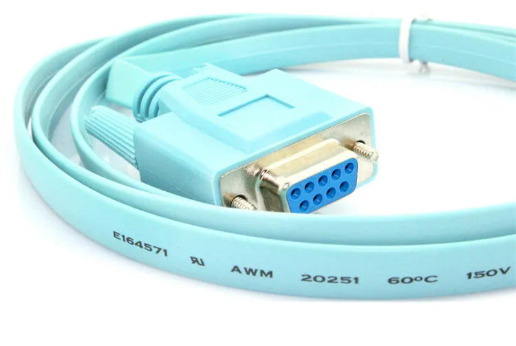 Sky blue 1.5m RJ45 to RS232 serial console cable with copper 28AWG 8C flat wire and 9-pin female connector