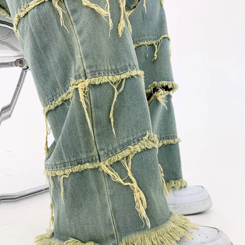 Men's green retro washed raw denim straight leg jeans