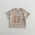 Children's cotton short sleeve top with cartoon strawberry food pattern in white or brown, sizes 80cm to 130cm