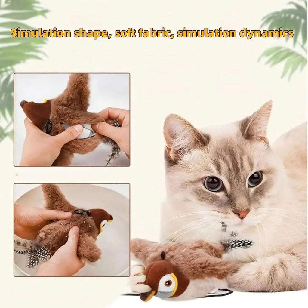 Interactive flapping chirping bird cat toy with feather tail for indoor bored cats