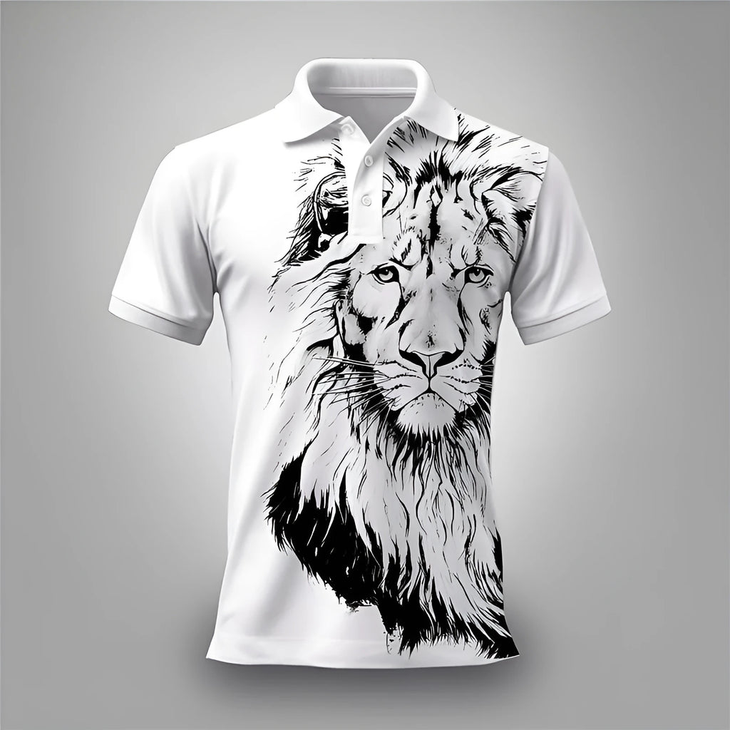 Summer lion print business casual T-shirt in bird eye cloth with zipper decorations, short sleeves, polyester fabric