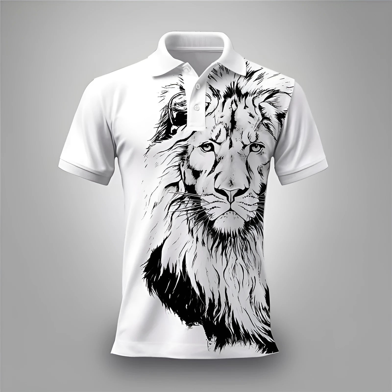 Summer lion print business casual T-shirt in bird eye cloth with zipper decorations, short sleeves, polyester fabric