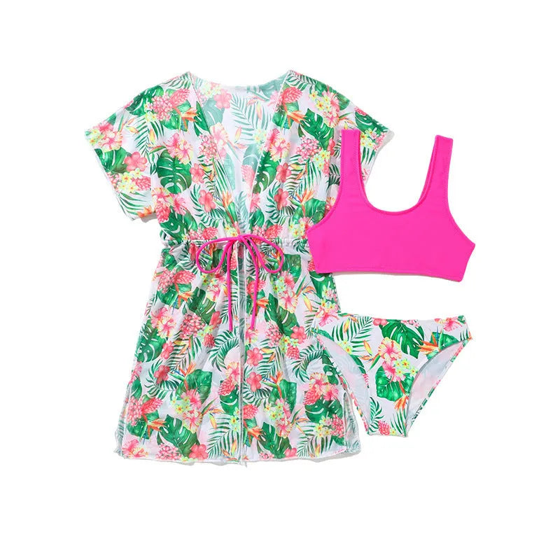Girls floral two-piece polyester swimsuit for swimming, sizes 130cm to 160cm.