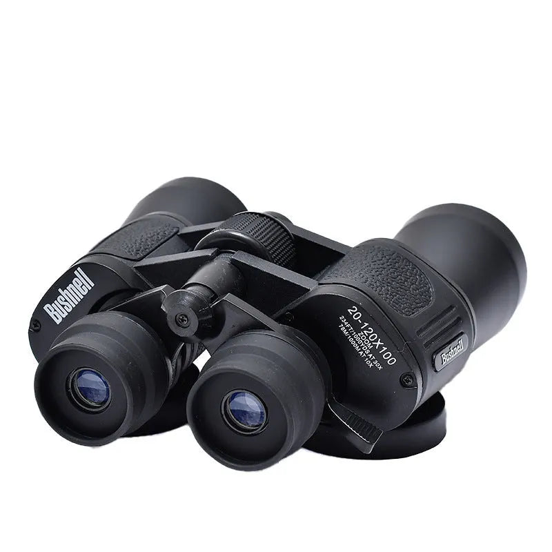 A set of black outdoor telescope binoculars with large objective lenses, shown with a continuous zoom ring on the central bridge.