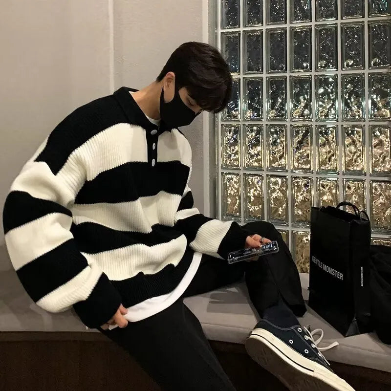 Men's loose fit striped sweater coat pullover in black or grey colour with long sleeves