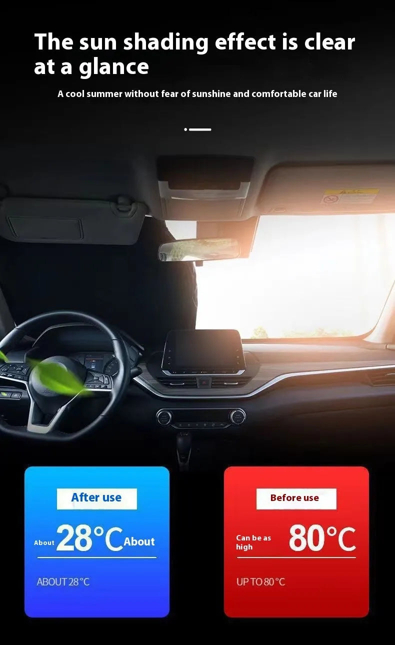 Titanium silver aluminium foil car sunshade folded, showing reflective surface and size options for windscreen protection.