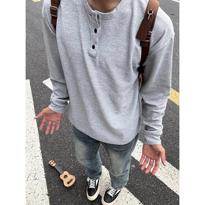 Men's long sleeve round neck pullover shirt jacket in black, loose fit, chemical fibre blend.
