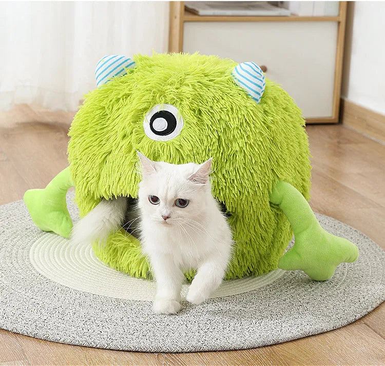 Fluffy round plush cat bed with a non-slip base, shown in three sizes.
