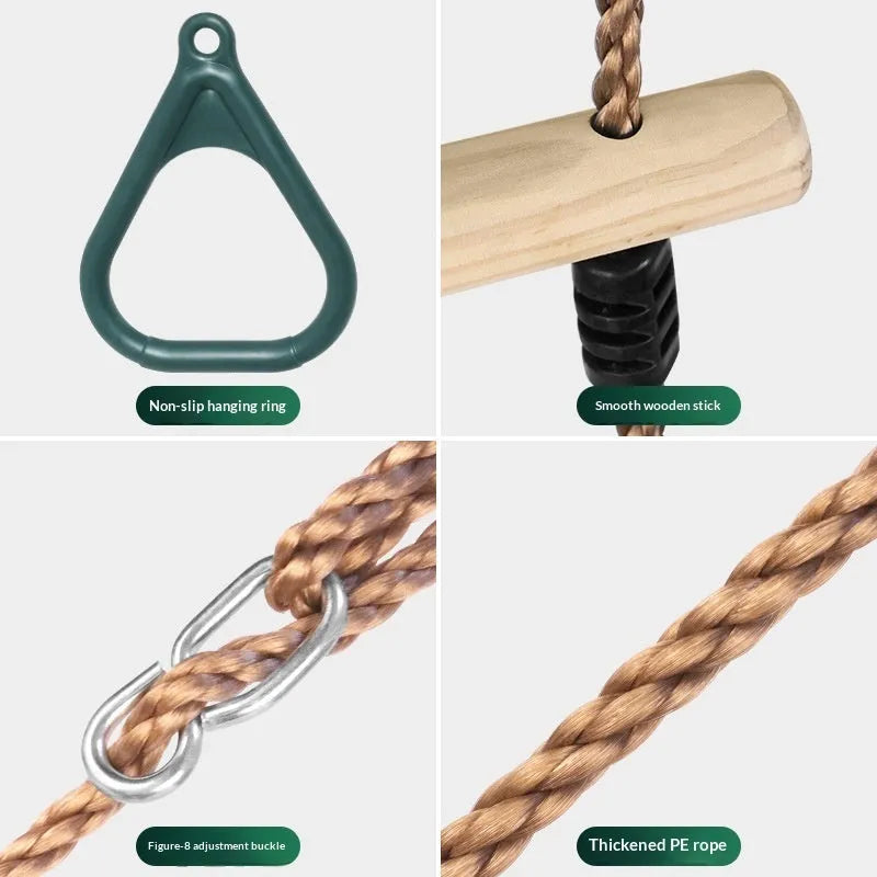 Children's horizontal bar with wooden ring swing in green, 57.5x169 cm, for indoor outdoor arm exercise