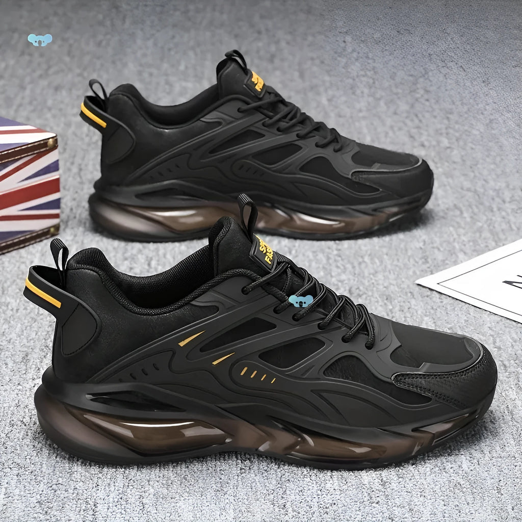 Men's black and grey low-top canvas casual sports sneakers with shock-absorbing soles.