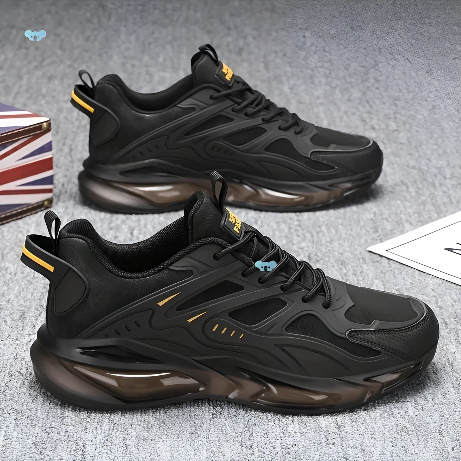 Men's black and grey low-top canvas casual sports sneakers with shock-absorbing soles.