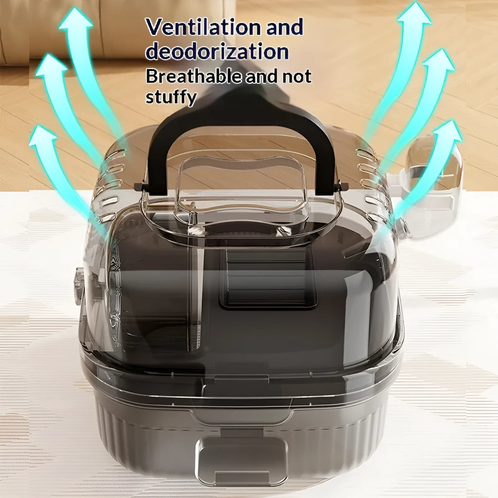 Transparent plastic outdoor hamster portable travel cage with platform water dispenser running wheel on a flat surface