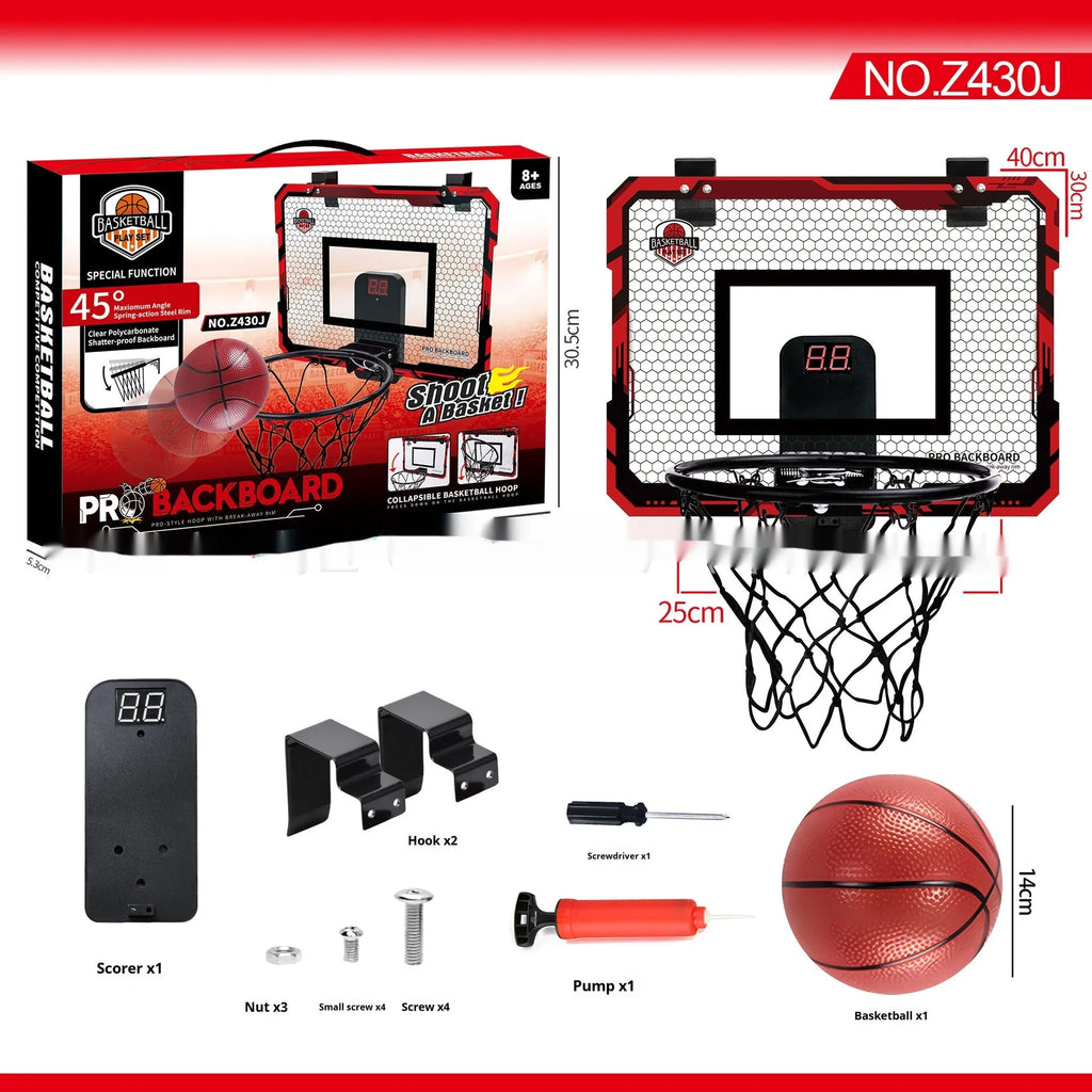 Red and blue folding basketball frame with dunk scoring panel and suction cup mount.