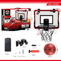 Red and blue folding basketball frame with dunk scoring panel and suction cup mount.