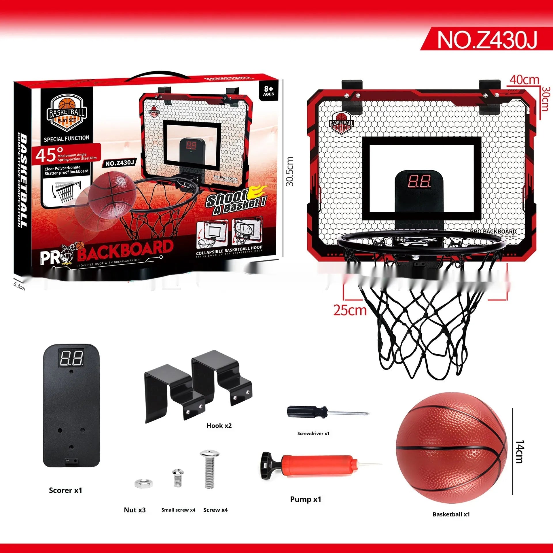 Red and blue folding basketball frame with dunk scoring panel and suction cup mount.