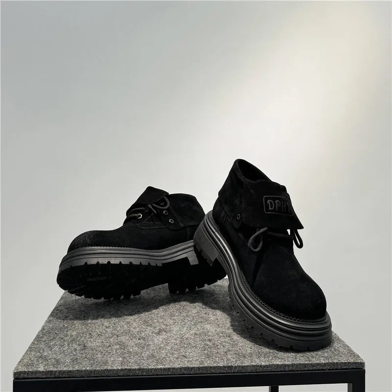 Men's retro distressed worker style platform boots in cow suede with two-way zip fastening