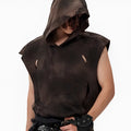 Khaki coloured cotton short hood vest for teenagers on a size chart background.