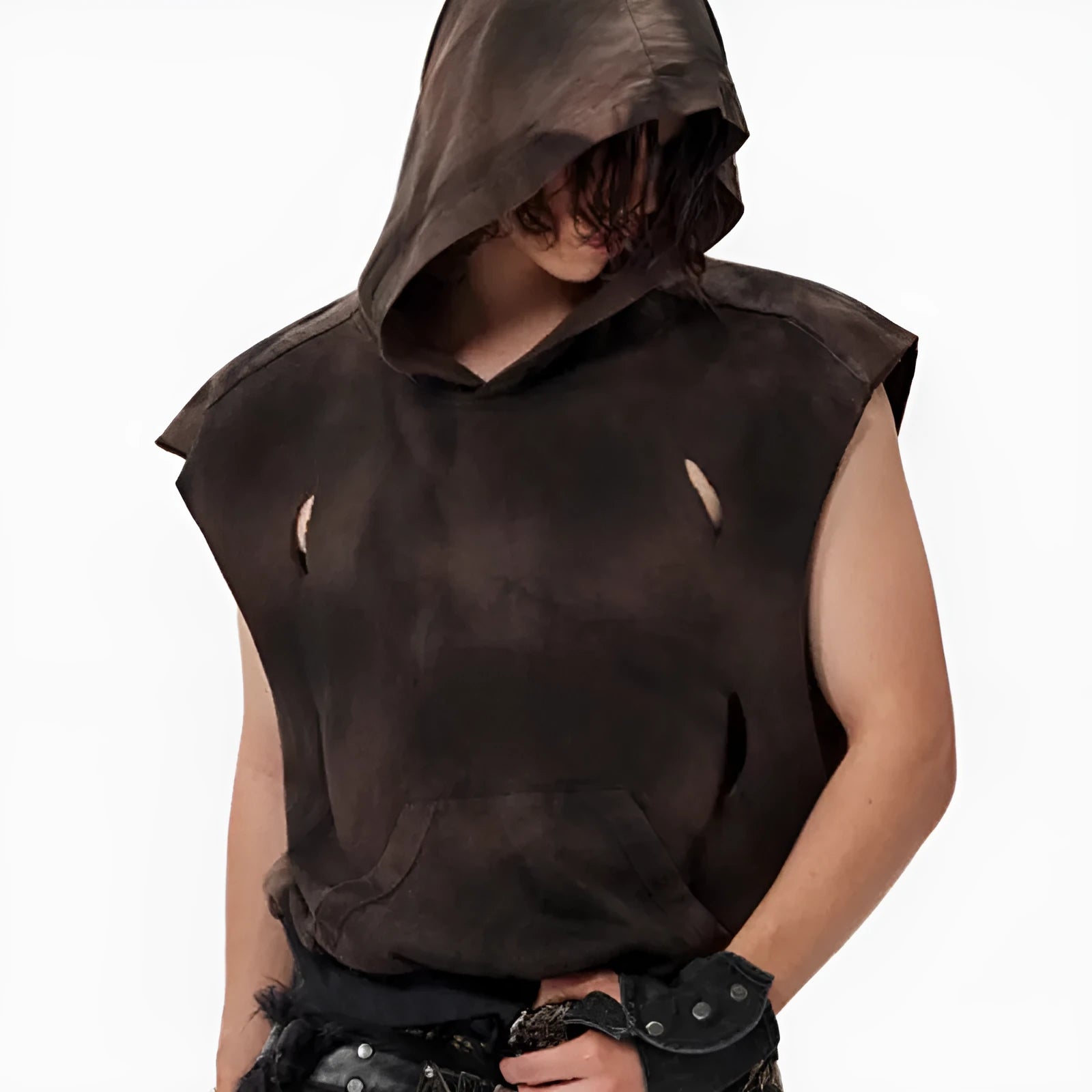 Khaki coloured cotton short hood vest for teenagers on a size chart background.