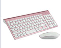 Wireless keyboard and mouse set in grey with ultra-thin 104-key layout and USB receiver on a desk