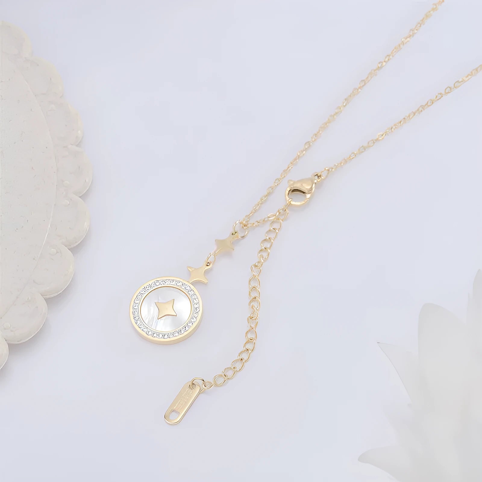 Gold titanium steel necklace with a six-pointed star pendant on an O-ring chain.