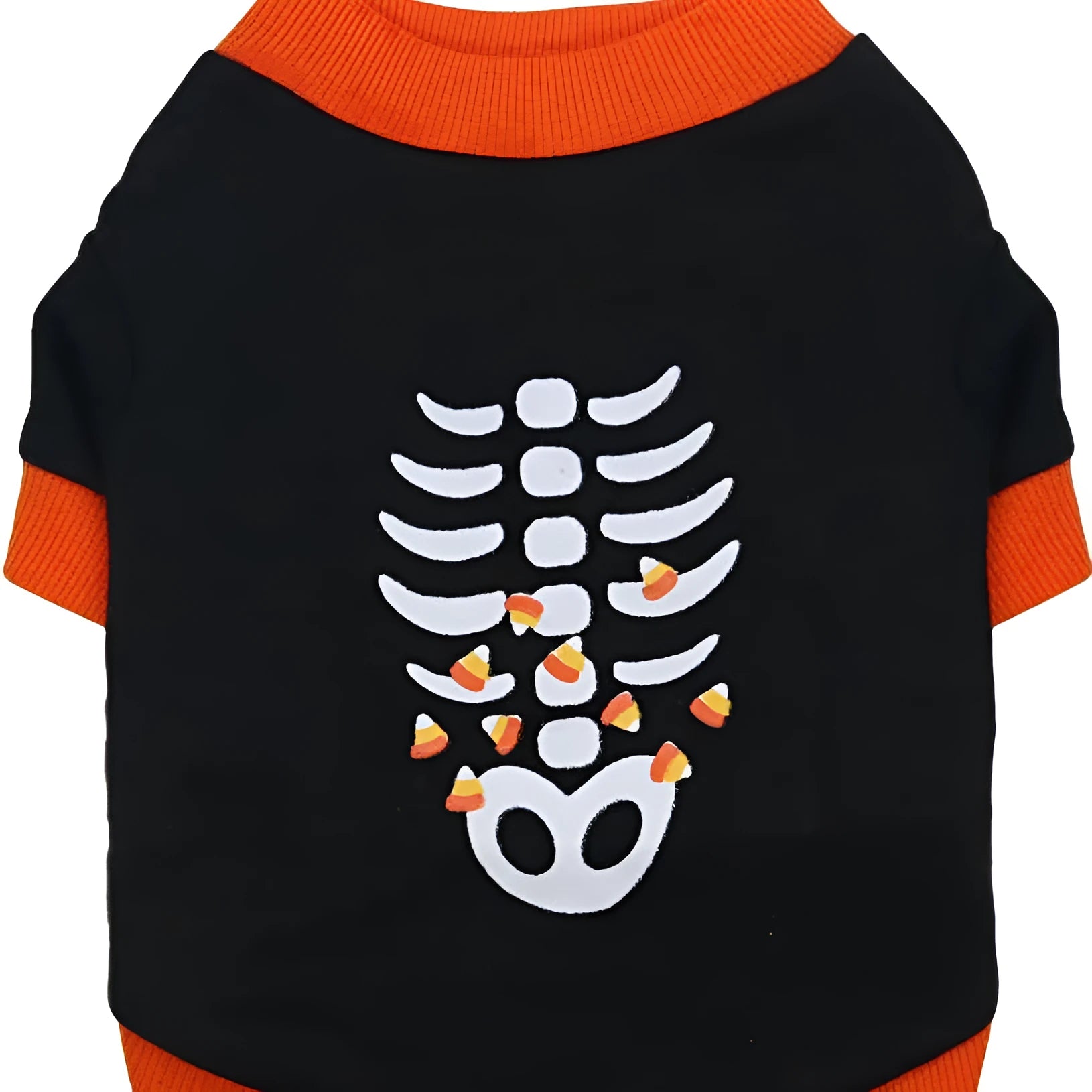 Orange and white dog skeleton costume sweatshirt with ribbed collar on small dog