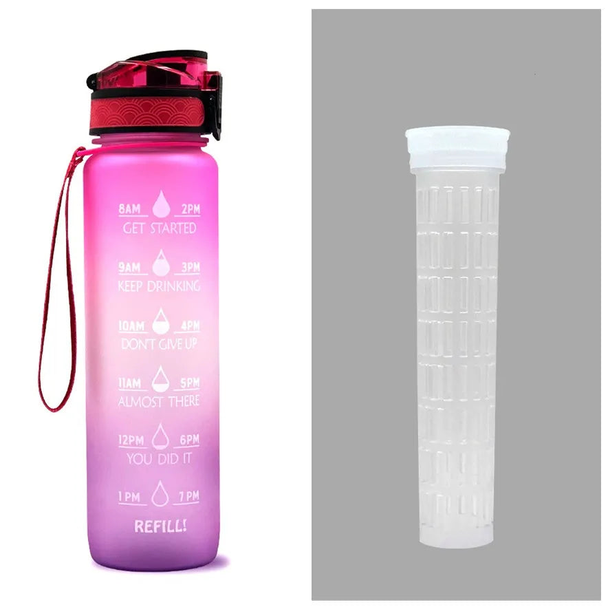 Blue-red gradient 1L Tritan water bottle with time markers and flip-top lid on a gym bag